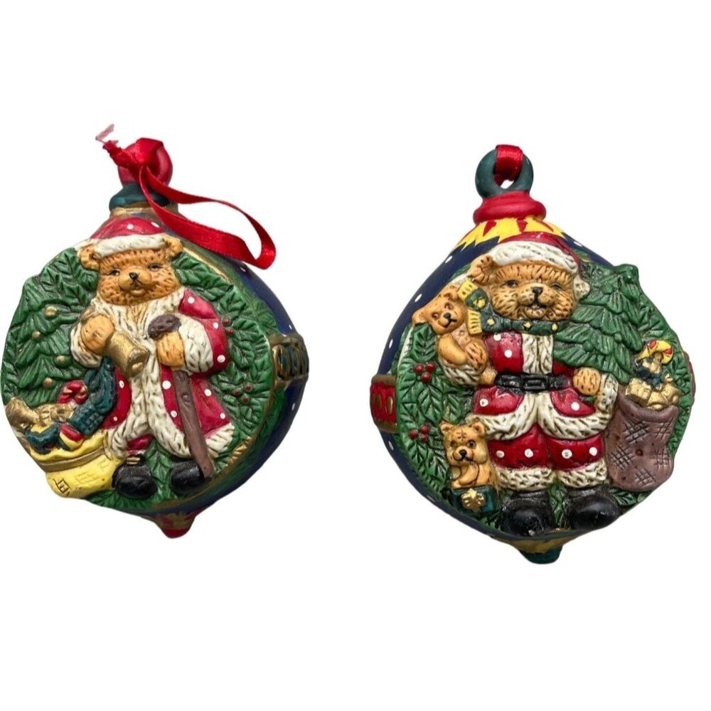 Christmas ornaments set of 2 glass bulb bear green toys green blue Santa 5" READ